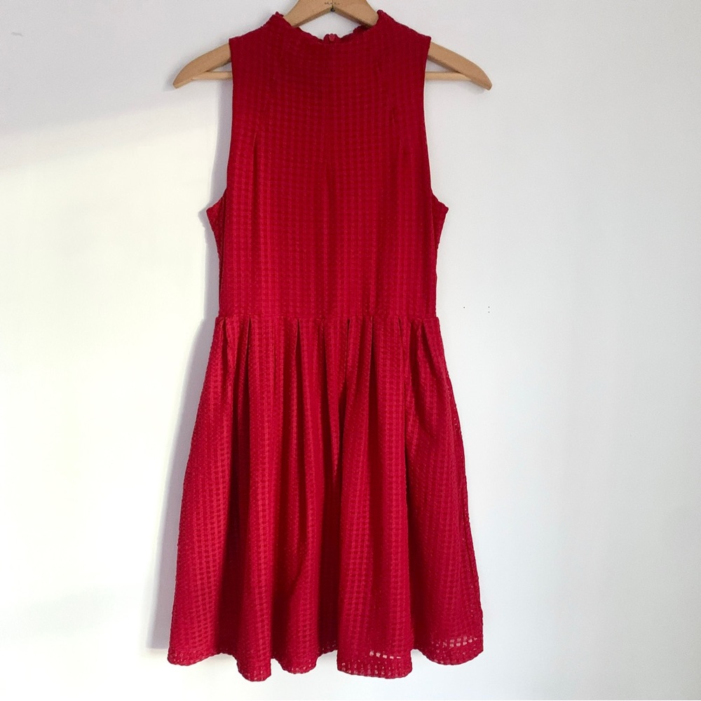 Anthropologie Deletta Red Cosgrove Gingham Mock Neck Fit & Flare Dress